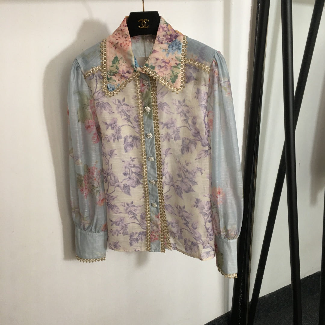 ZIM****-New suit, diamond button lace lapel long-sleeved shirt + lace short skirt