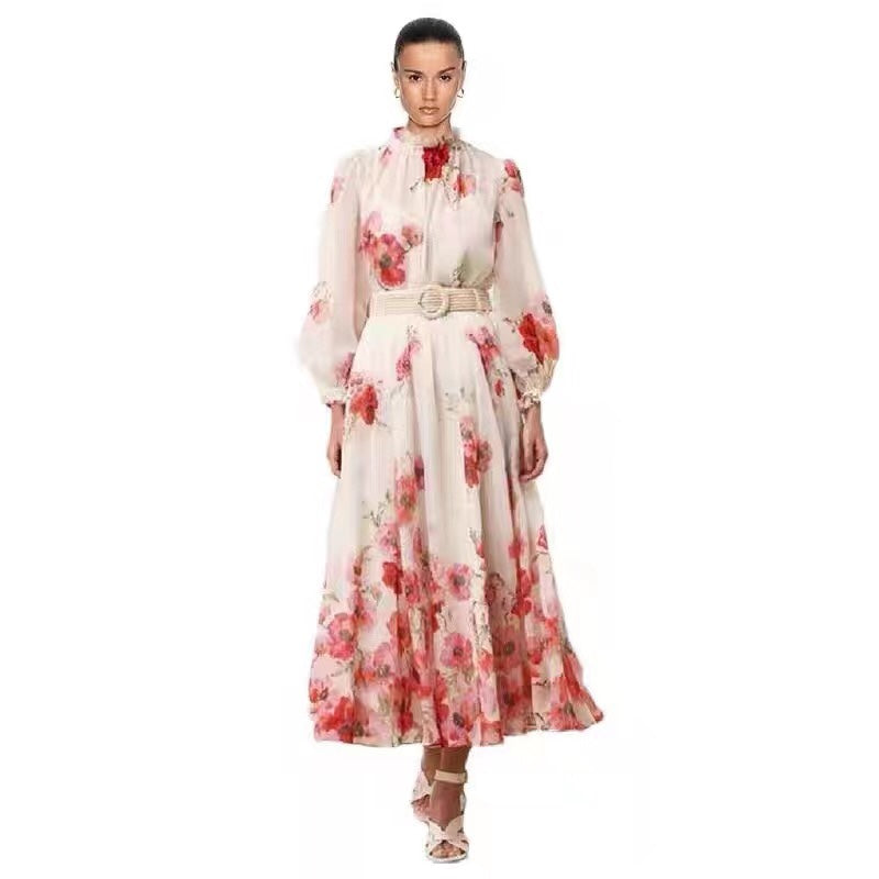ZIM****-style suit, temperament big red flower multi-print bubble long-sleeved shirt top + high waist slim skirt, with belt