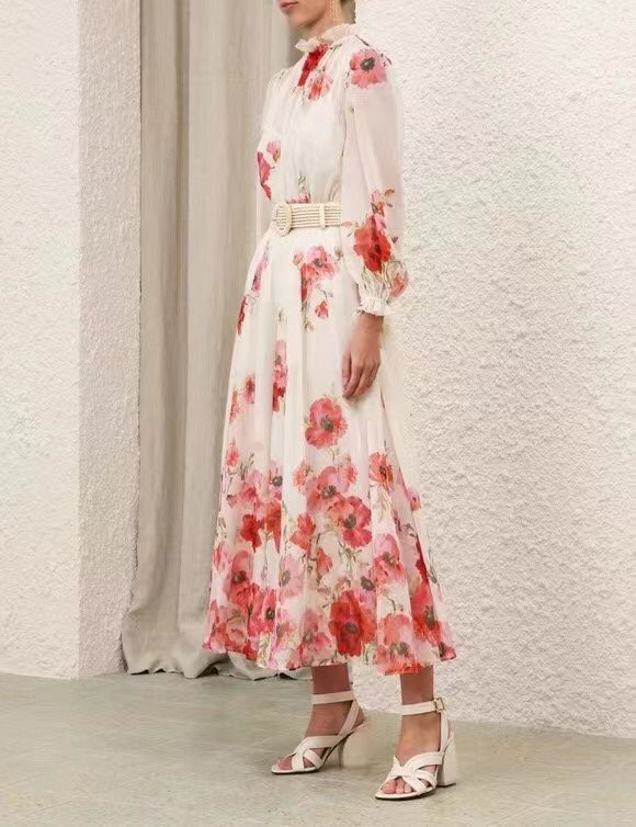 ZIM****-style suit, temperament big red flower multi-print bubble long-sleeved shirt top + high waist slim skirt, with belt