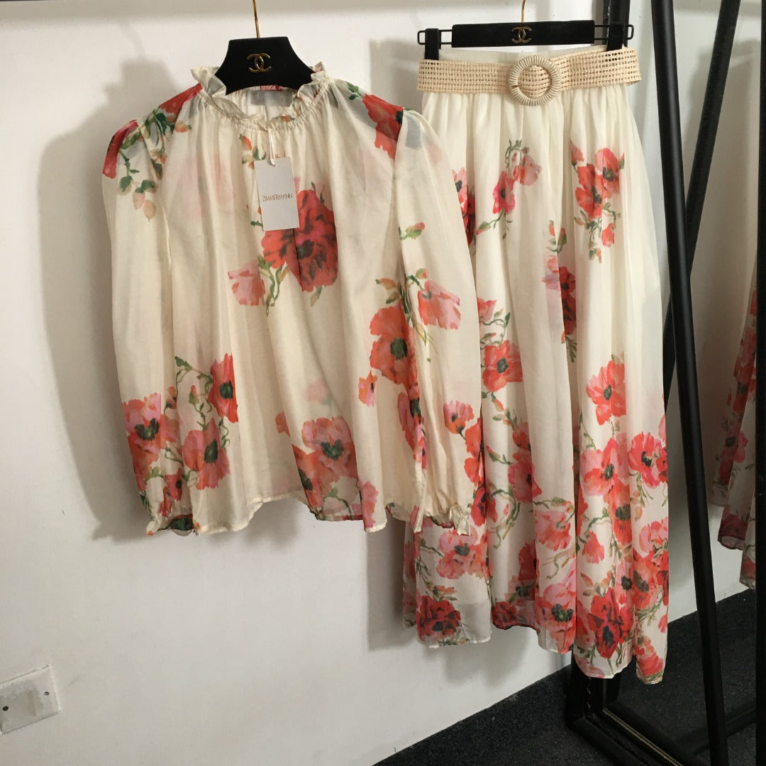 ZIM****-style suit, temperament big red flower multi-print bubble long-sleeved shirt top + high waist slim skirt, with belt