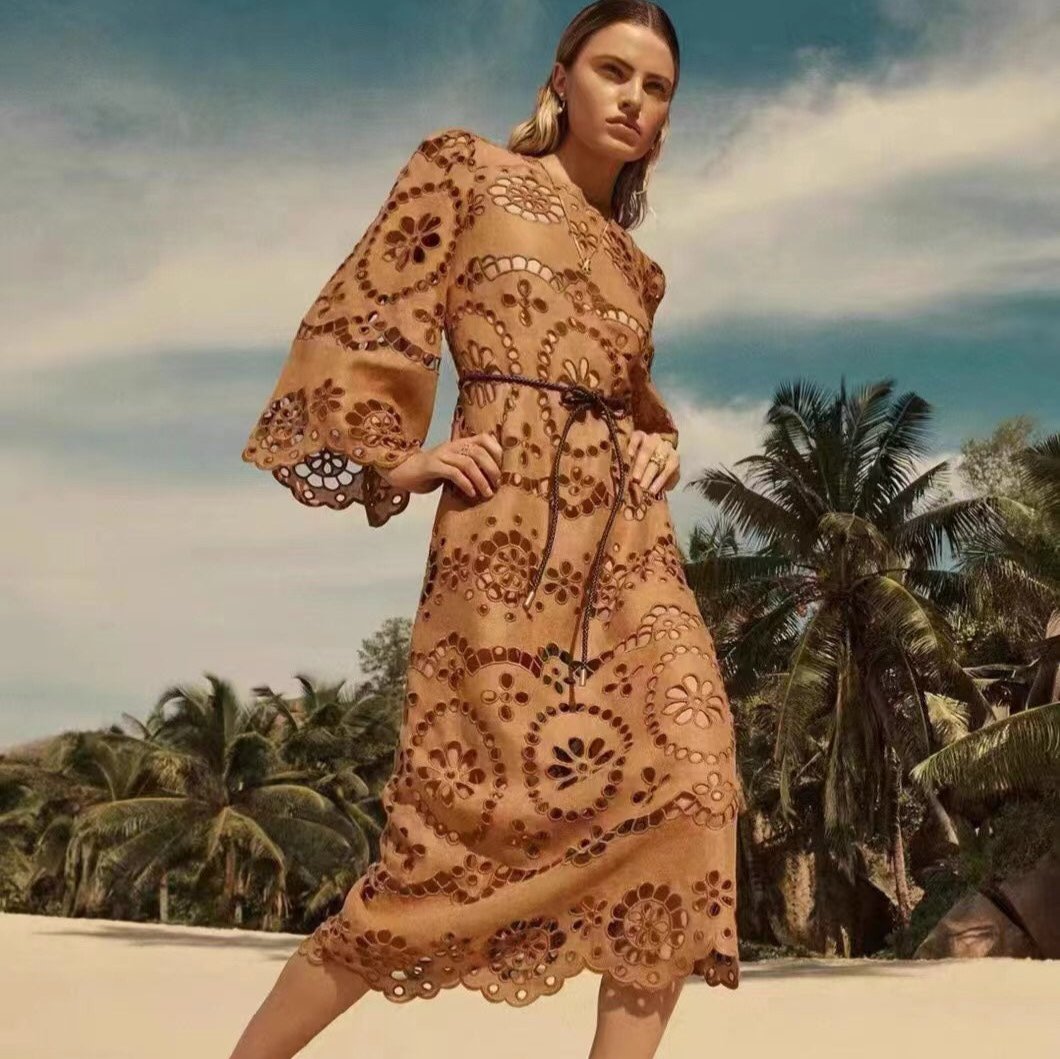 ZIM**** New hollow embroidered flower tie waist long-sleeved dress, coffee color, with suspender lining