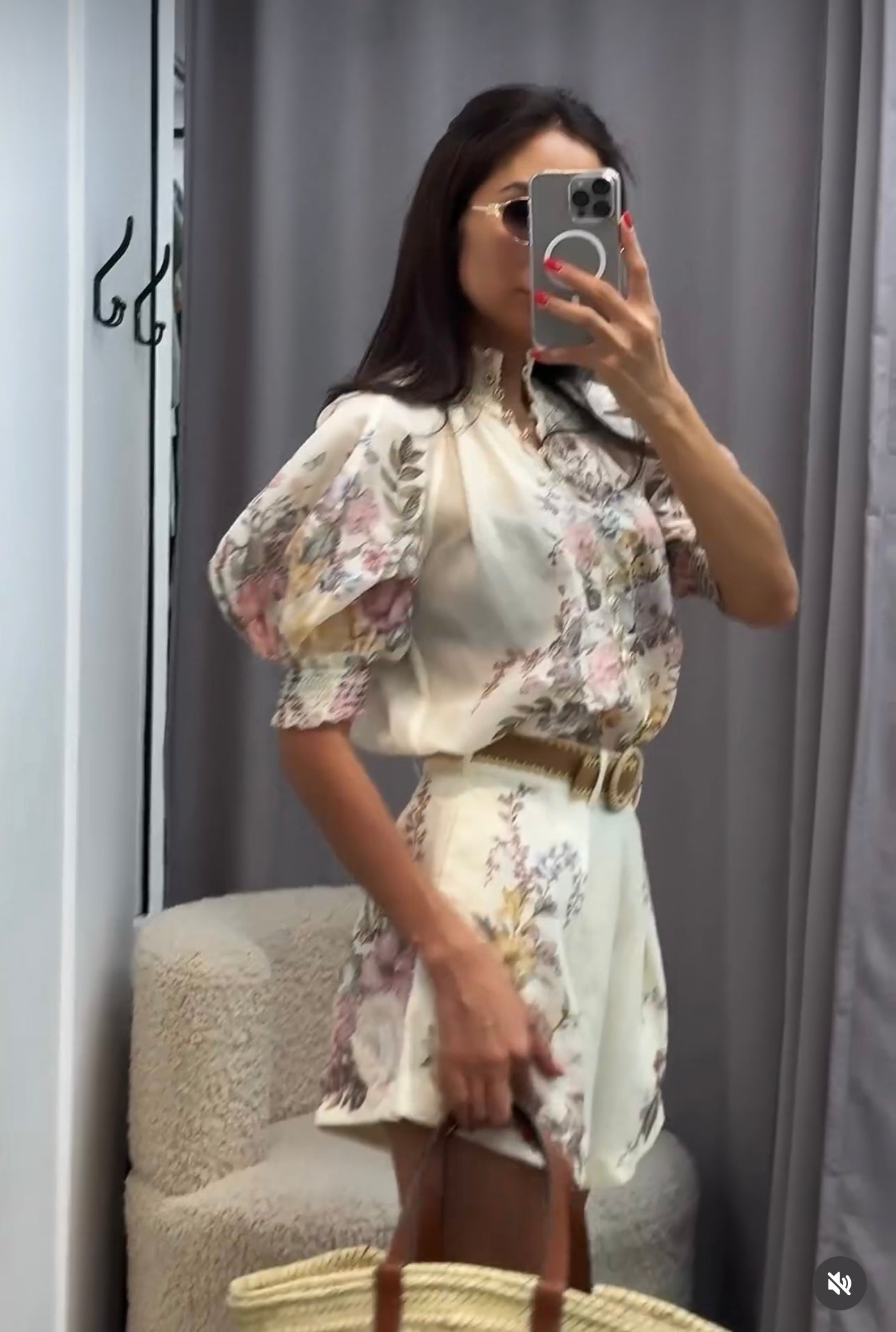 ZIM**** Linen colorful flower print lantern short-sleeved high-necked top + shorts with belt