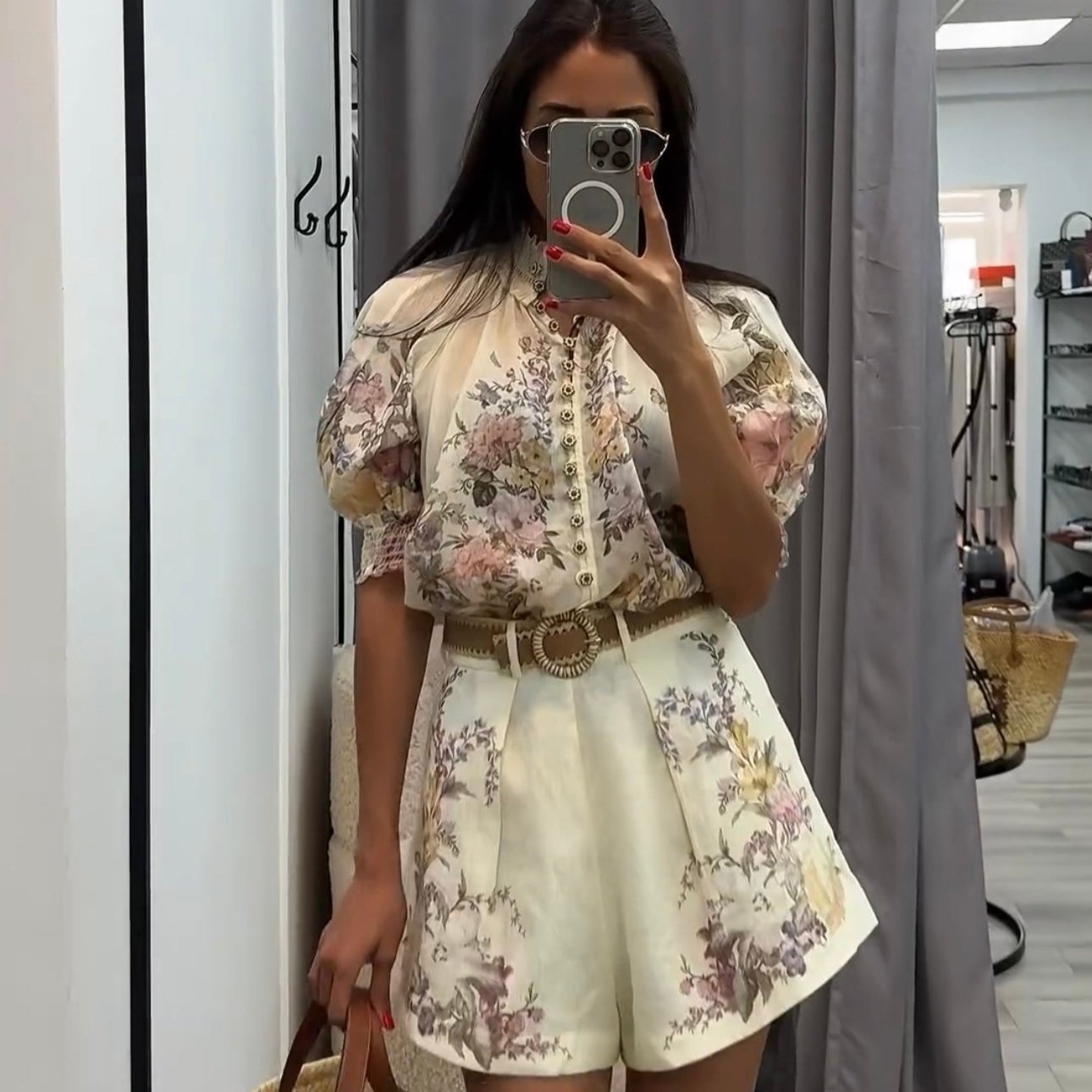 ZIM**** Linen colorful flower print lantern short-sleeved high-necked top + shorts with belt