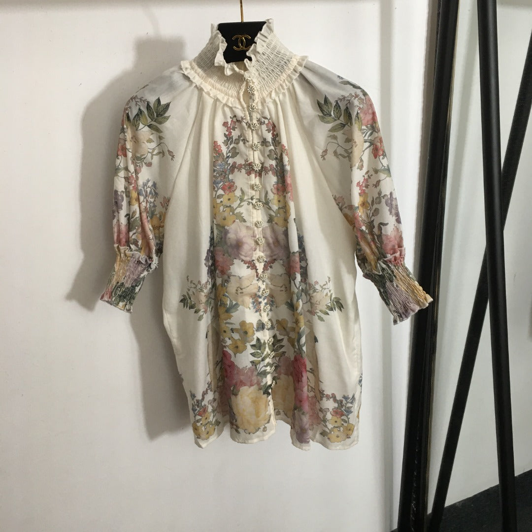 ZIM**** Linen colorful flower print lantern short-sleeved high-necked top + shorts with belt