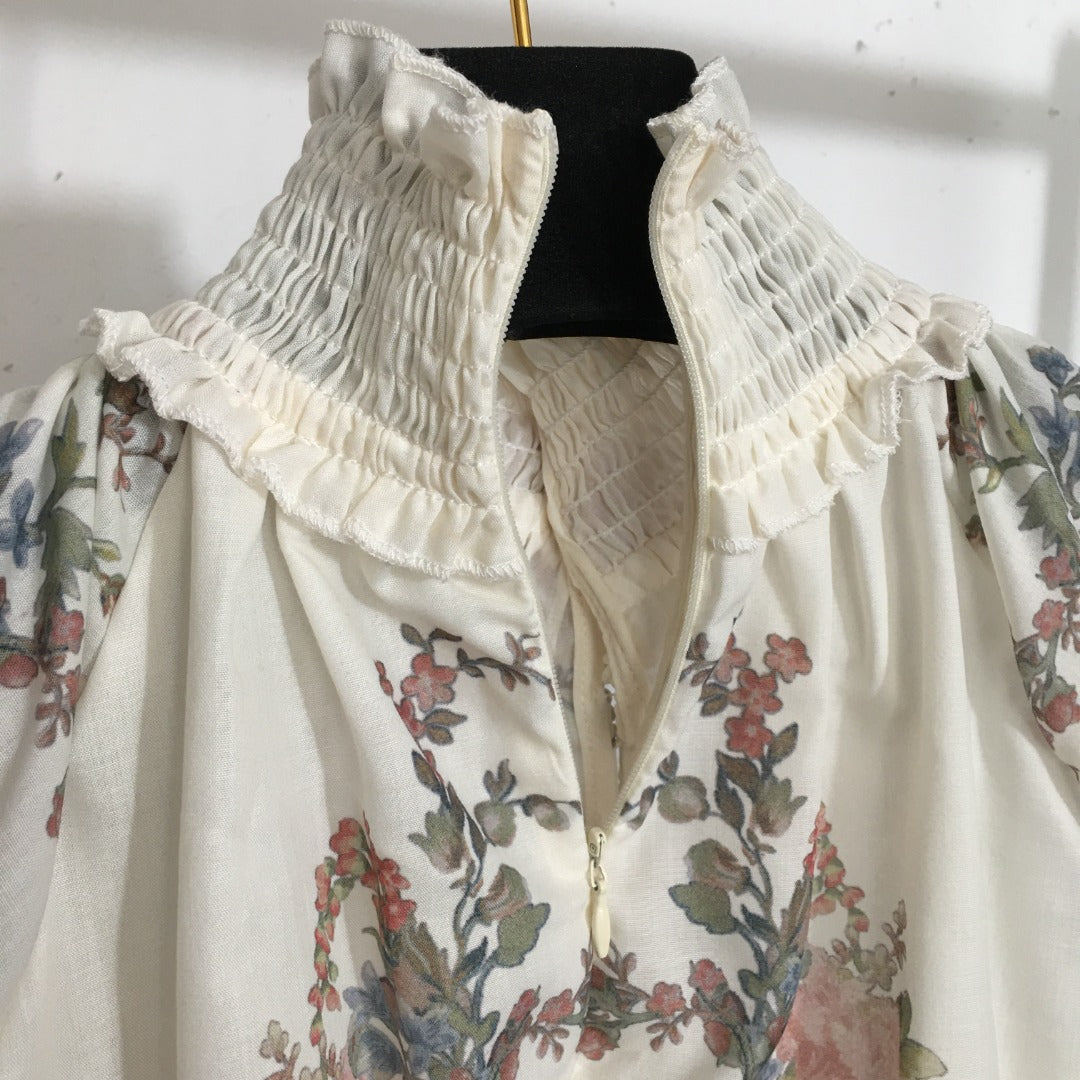 ZIM**** Linen colorful flower print lantern short-sleeved high-necked top + shorts with belt