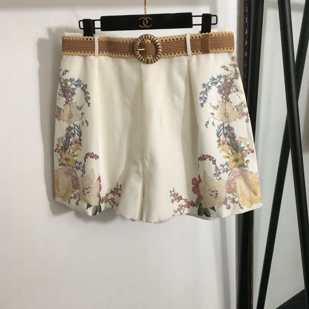 ZIM**** Linen colorful flower print lantern short-sleeved high-necked top + shorts with belt