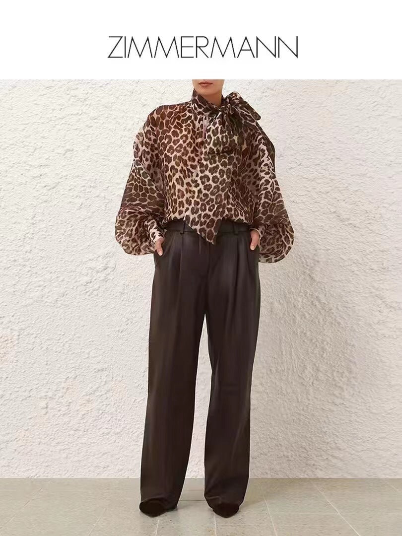 ZIM**** New Style Elegant Large Bow Tie Collar Leopard Print Lantern Long Sleeve Shirt Top, Coffee Color