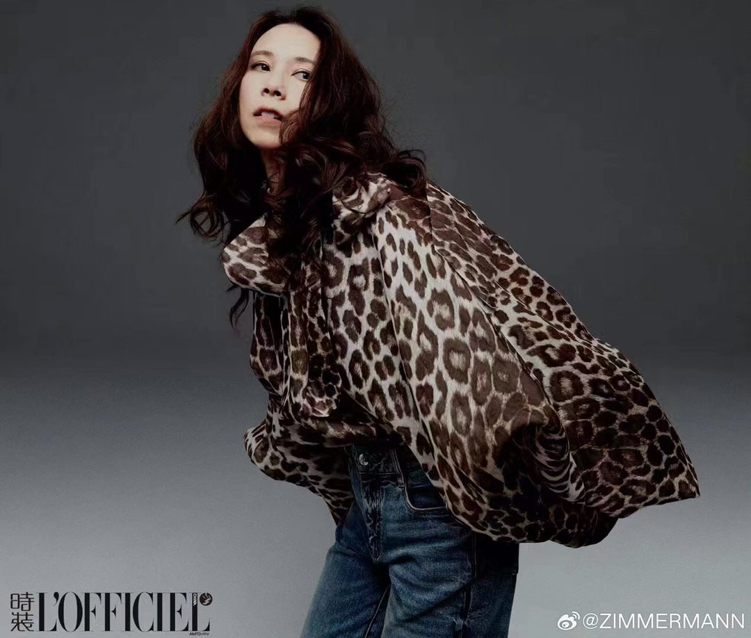 ZIM**** New Style Elegant Large Bow Tie Collar Leopard Print Lantern Long Sleeve Shirt Top, Coffee Color