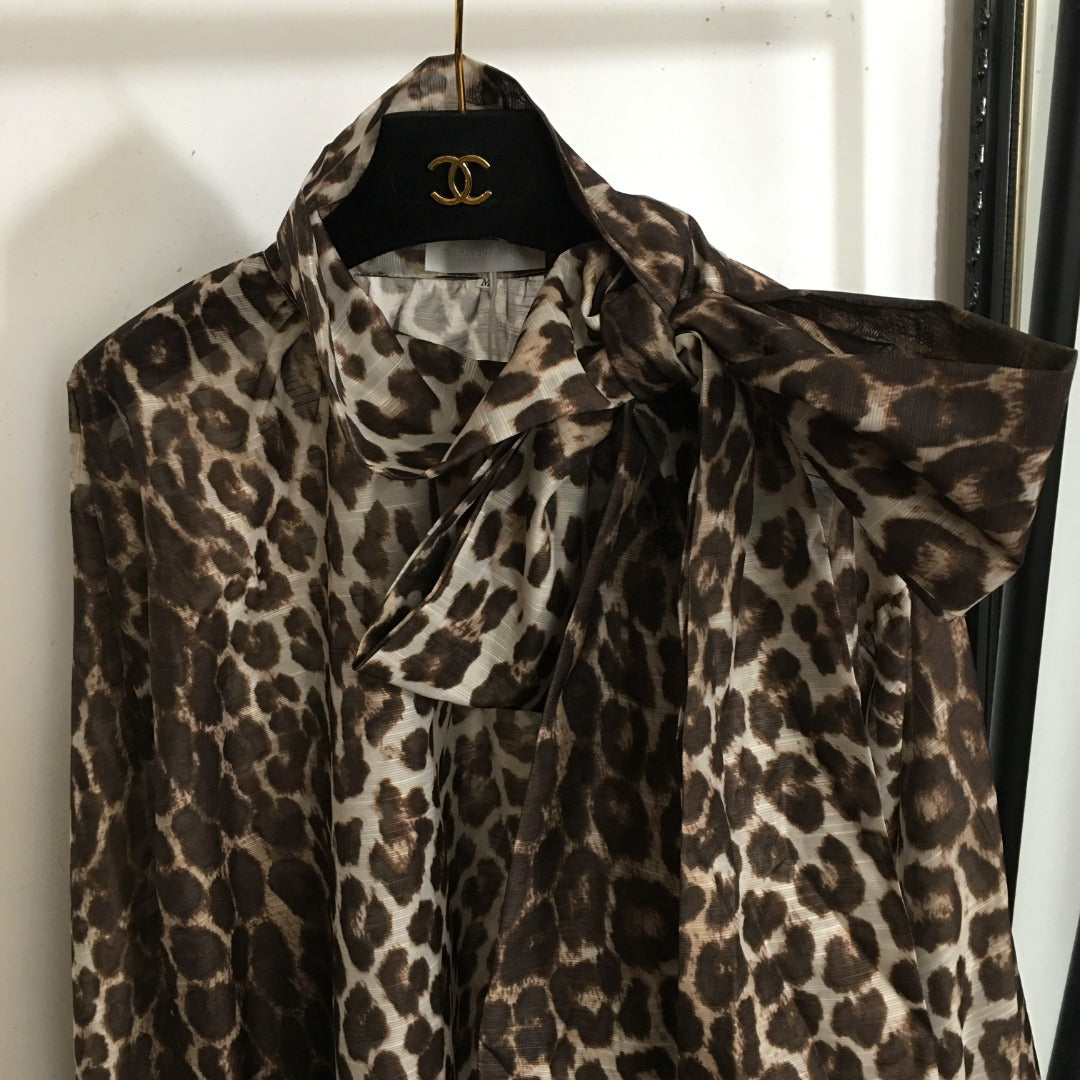ZIM**** New Style Elegant Large Bow Tie Collar Leopard Print Lantern Long Sleeve Shirt Top, Coffee Color
