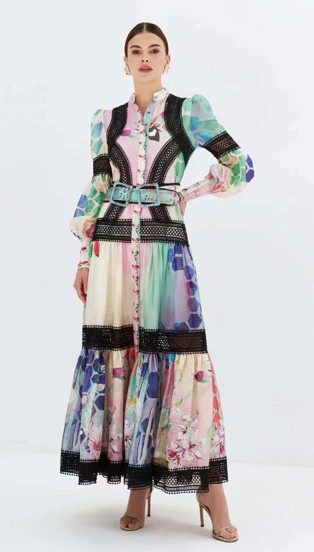 ZIM**** new color matching printed lace patchwork waist long sleeve dress, with belt, with suspender lining,
