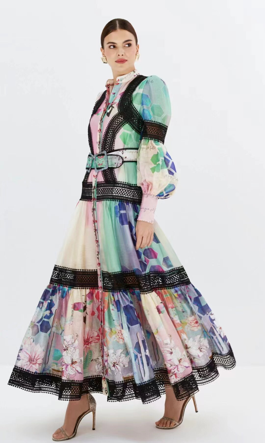 ZIM**** new color matching printed lace patchwork waist long sleeve dress, with belt, with suspender lining,