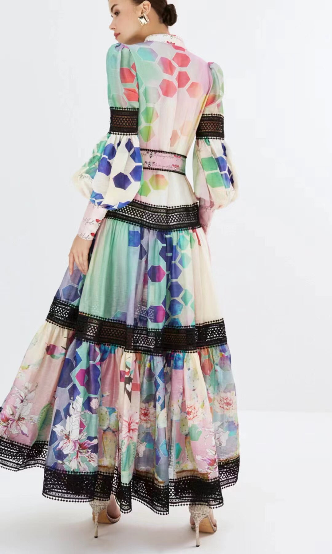 ZIM**** new color matching printed lace patchwork waist long sleeve dress, with belt, with suspender lining,