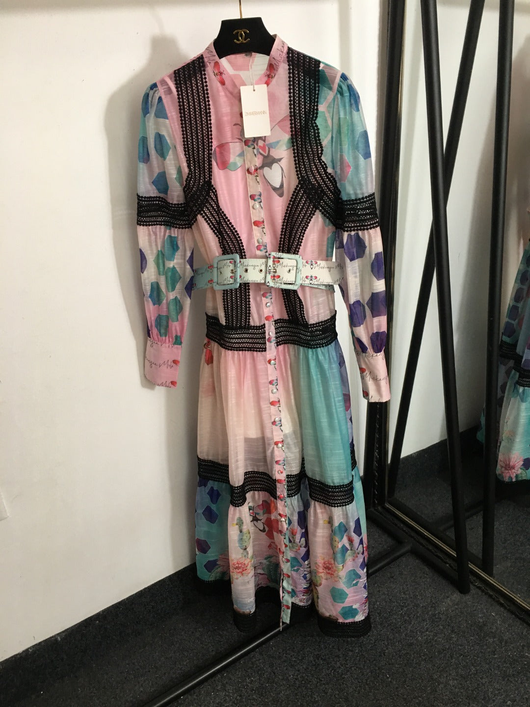 ZIM**** new color matching printed lace patchwork waist long sleeve dress, with belt, with suspender lining,