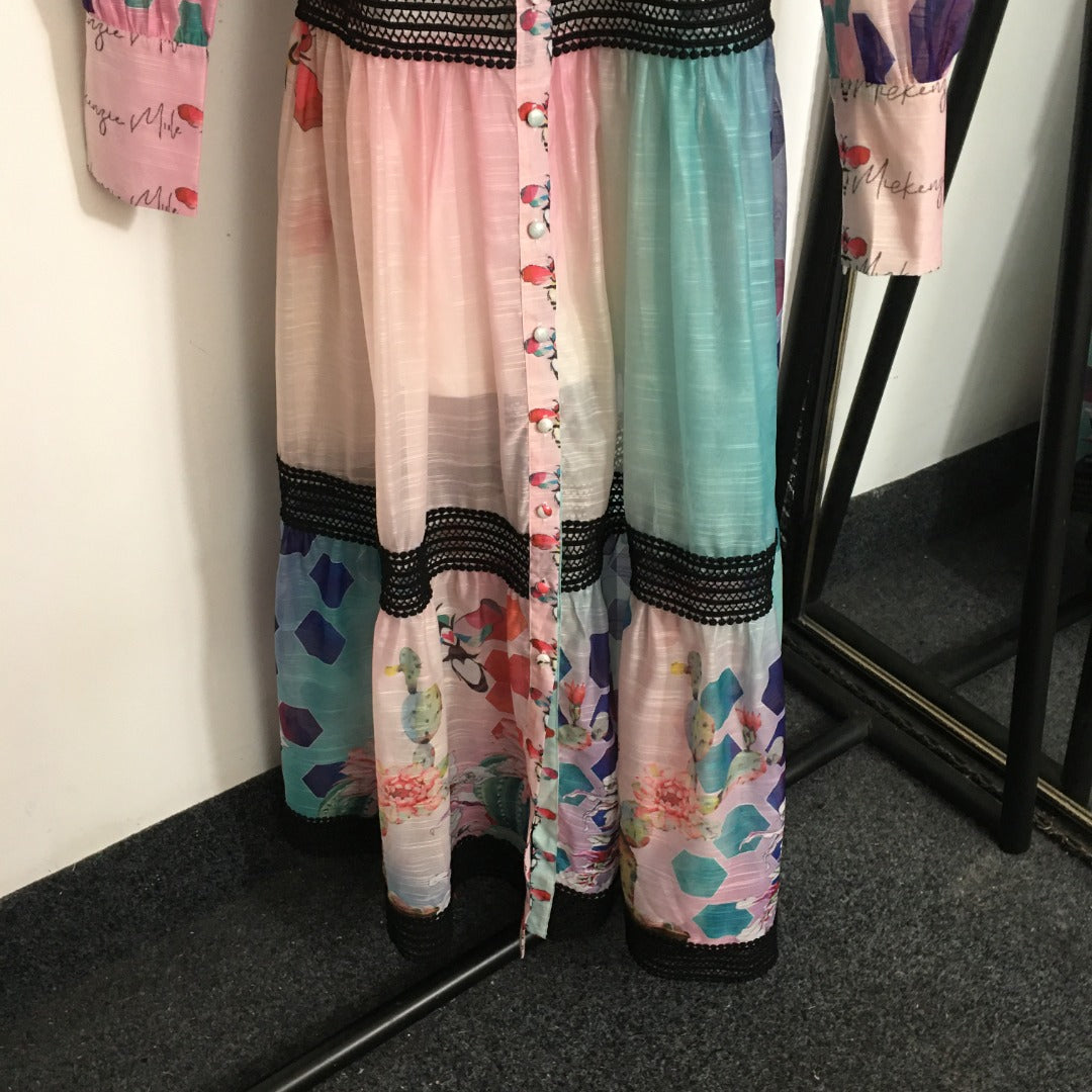 ZIM**** new color matching printed lace patchwork waist long sleeve dress, with belt, with suspender lining,