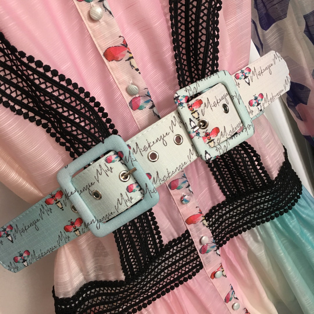 ZIM**** new color matching printed lace patchwork waist long sleeve dress, with belt, with suspender lining,