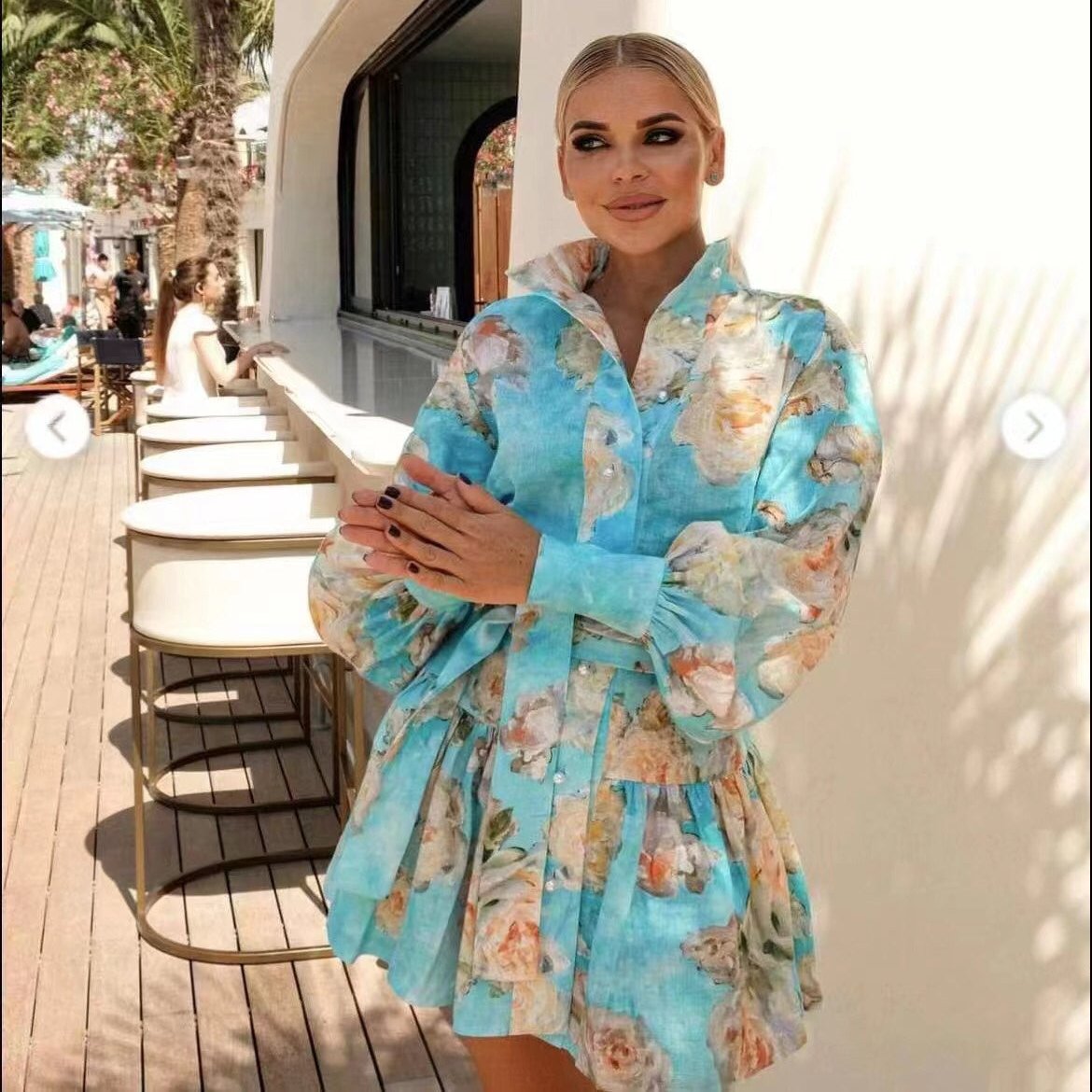 ZIM**** New Pearl Button Temperament Large Flower Print Lace-up Waist Long Sleeve Dress