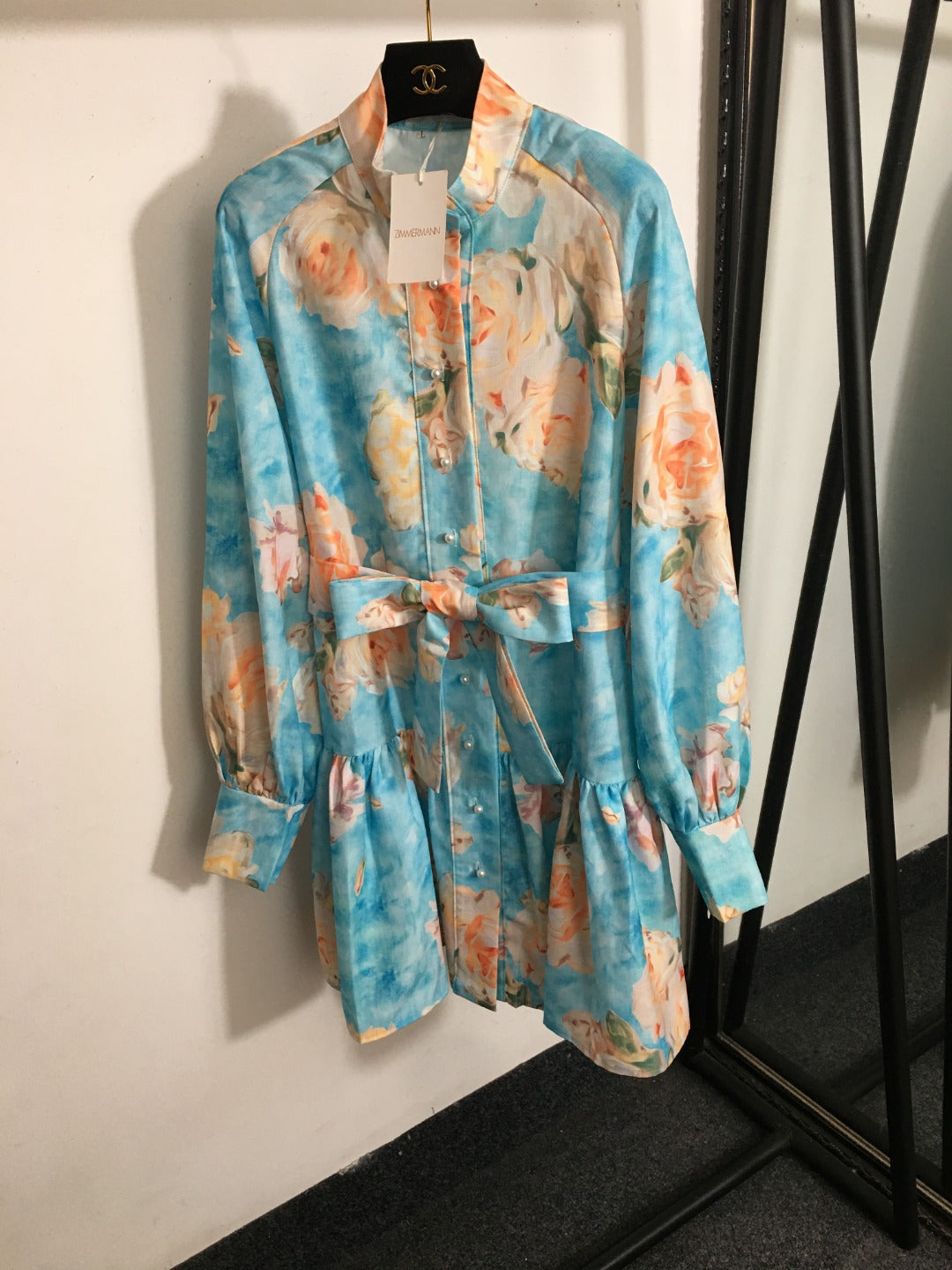 ZIM**** New Pearl Button Temperament Large Flower Print Lace-up Waist Long Sleeve Dress