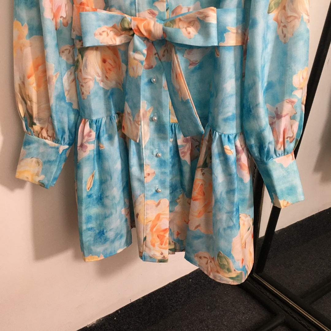 ZIM**** New Pearl Button Temperament Large Flower Print Lace-up Waist Long Sleeve Dress