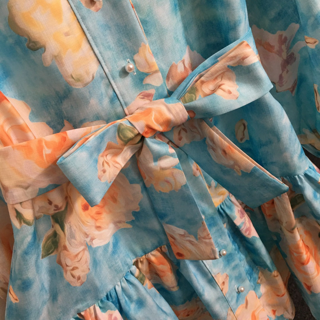 ZIM**** New Pearl Button Temperament Large Flower Print Lace-up Waist Long Sleeve Dress