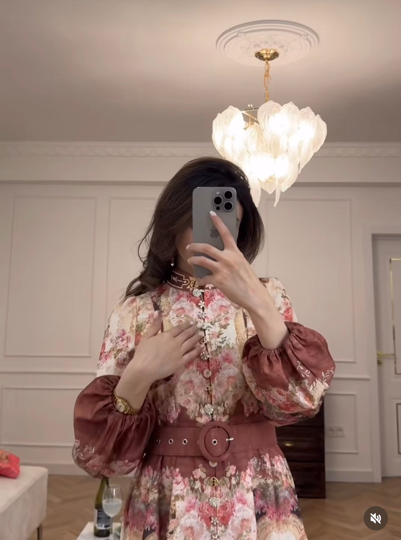 ZIM**** new retro floral prints, customized buttons with various flower patterns, stand-up collar, waisted lantern long-sleeved dress with belt,