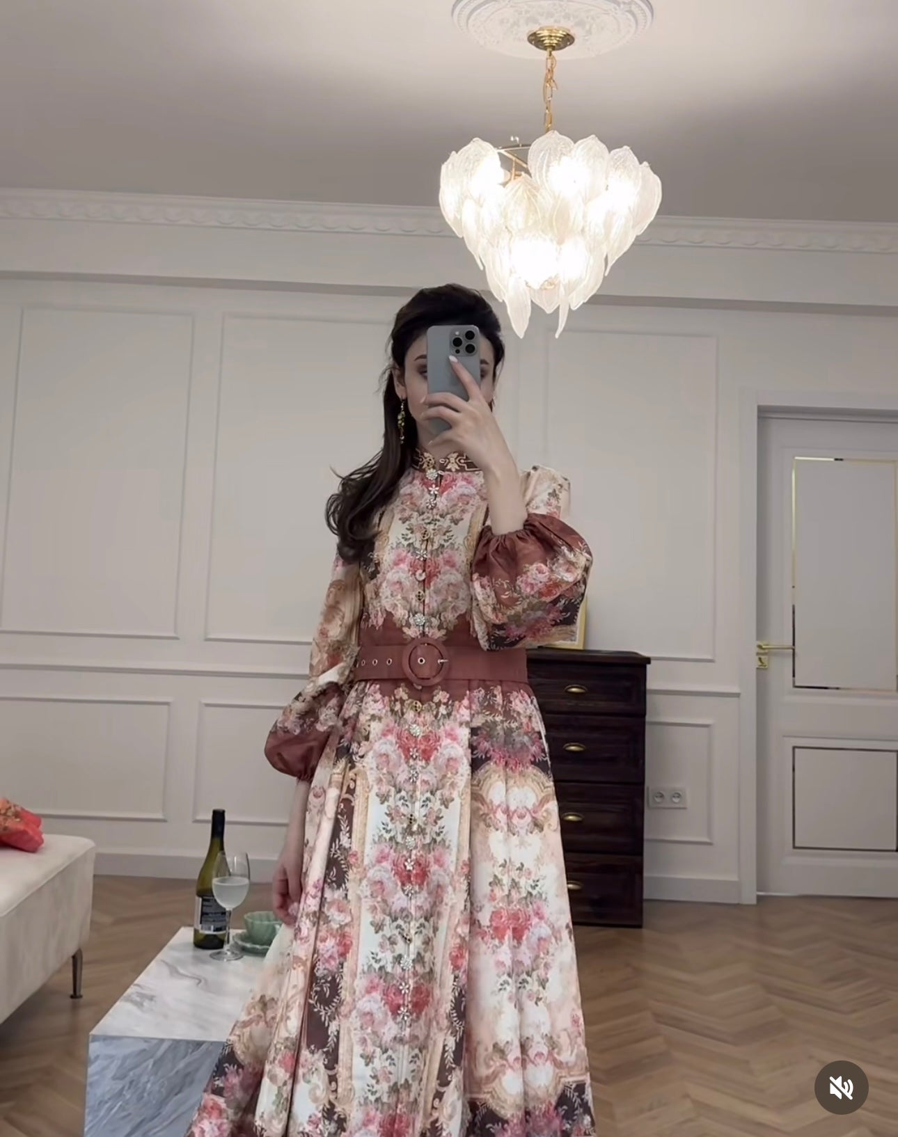 ZIM**** new retro floral prints, customized buttons with various flower patterns, stand-up collar, waisted lantern long-sleeved dress with belt,