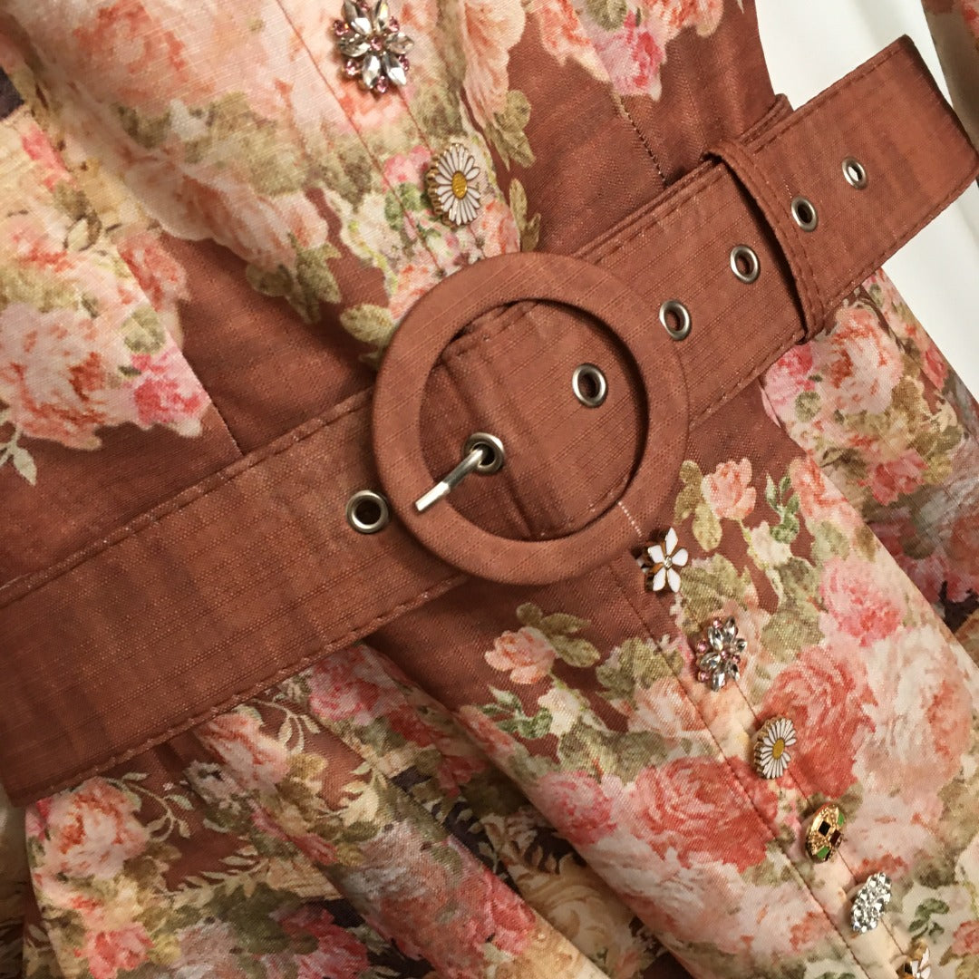 ZIM**** new retro floral prints, customized buttons with various flower patterns, stand-up collar, waisted lantern long-sleeved dress with belt,