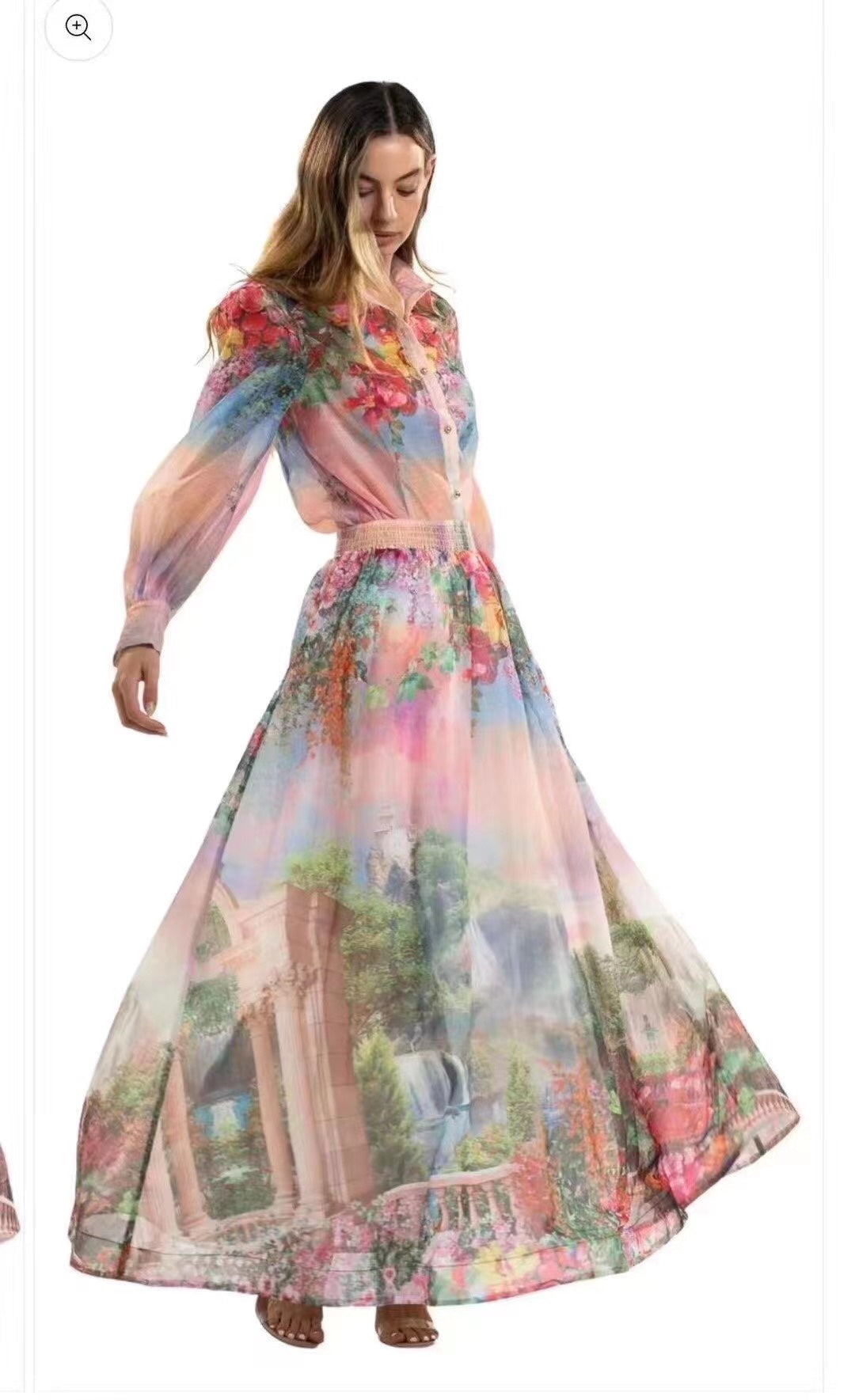 ZIM**** new suit, gradient floral print slim-fit long-sleeved shirt + high-waisted skirt, pink