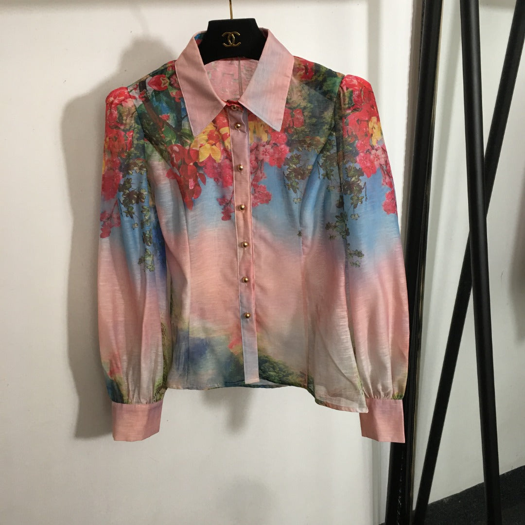 ZIM**** new suit, gradient floral print slim-fit long-sleeved shirt + high-waisted skirt, pink