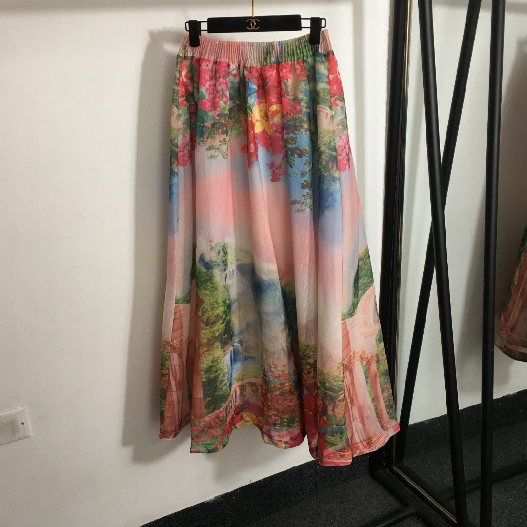 ZIM**** new suit, gradient floral print slim-fit long-sleeved shirt + high-waisted skirt, pink