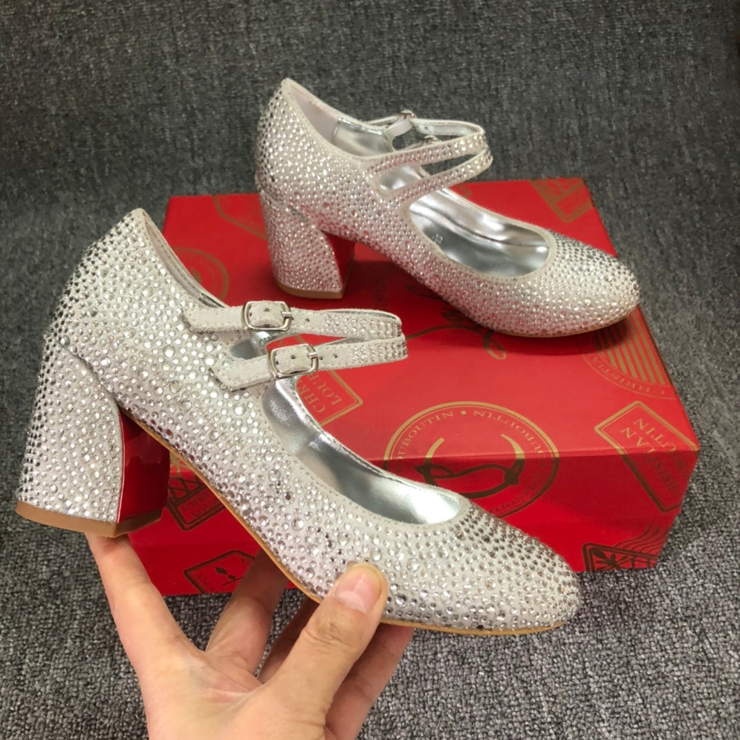 Christia** Loubout** red bottom thick heel shoes rhinestone wedding dinner