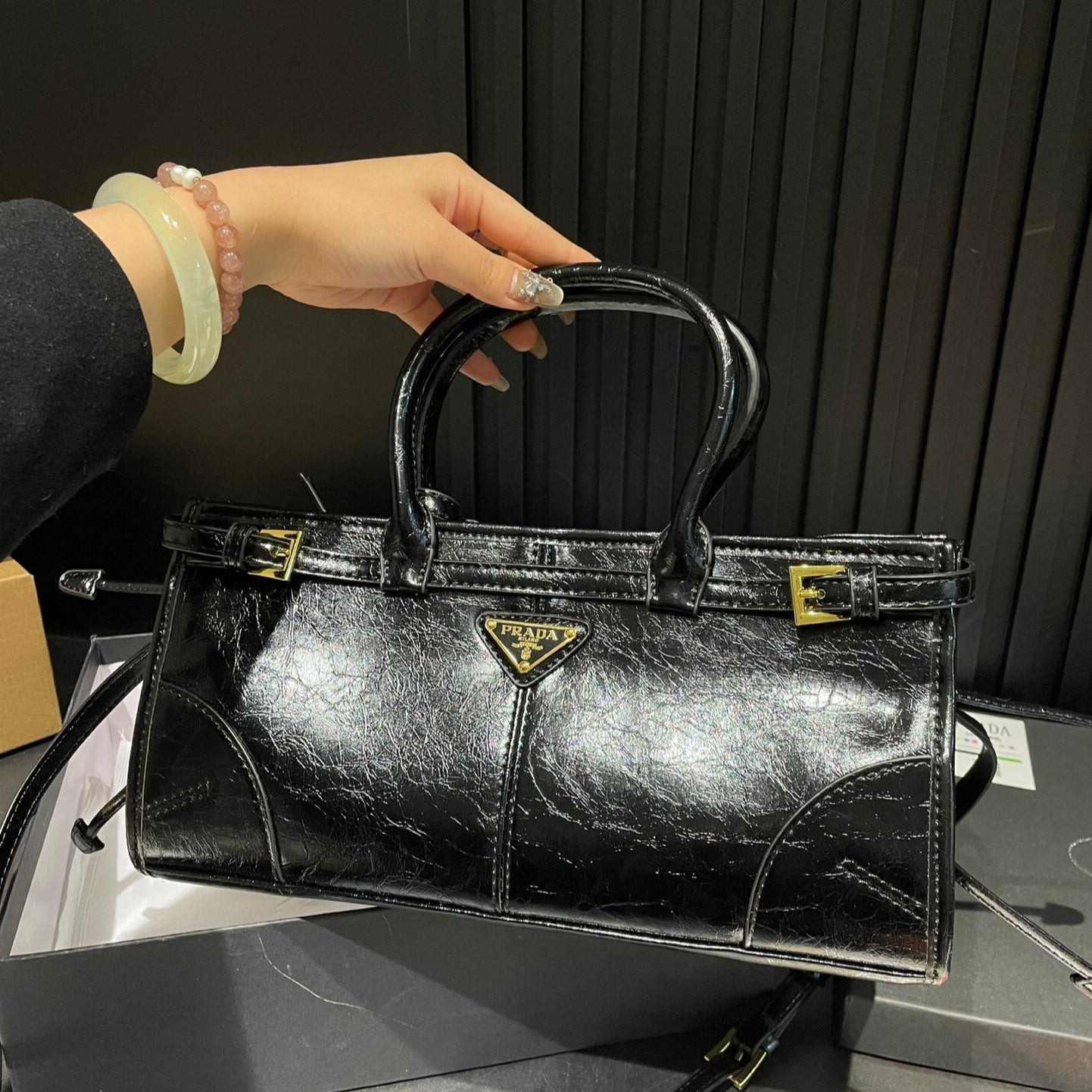 Waxed leather hobo long handle tote bag underarm bag